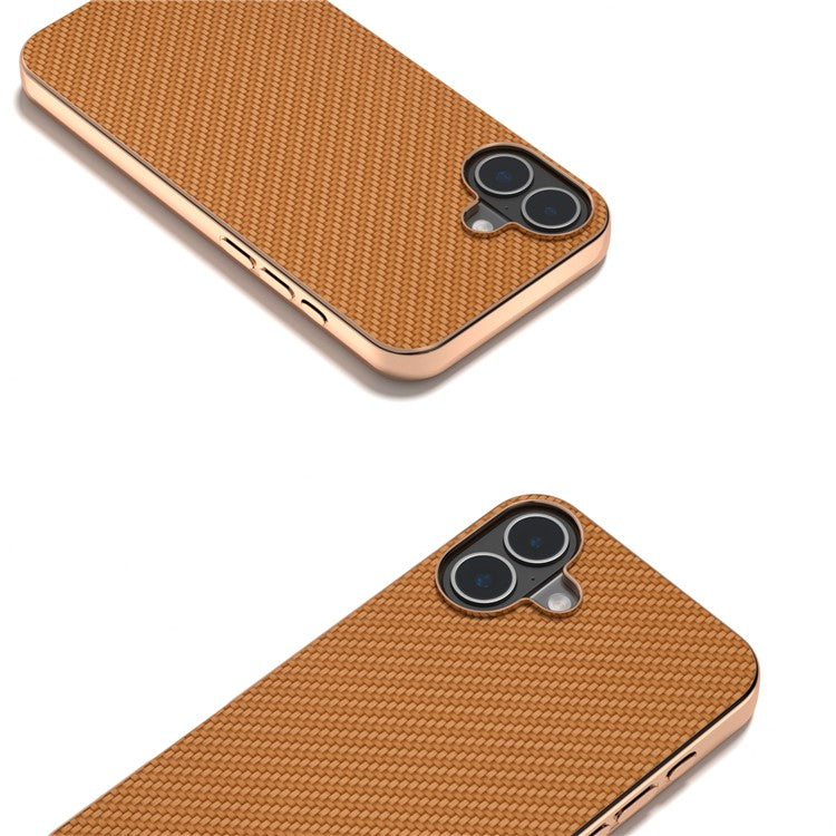 For iPhone 16 Case Electroplating Phone Cover Carbon Fiber Texture PU+TPU Protective Case - Light Brown