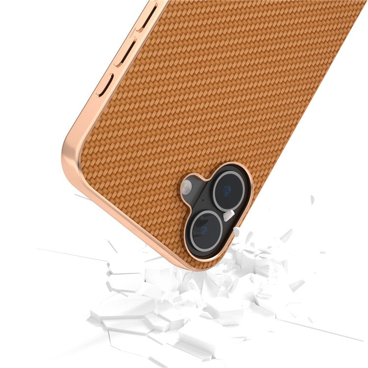 For iPhone 16 Case Electroplating Phone Cover Carbon Fiber Texture PU+TPU Protective Case - Light Brown