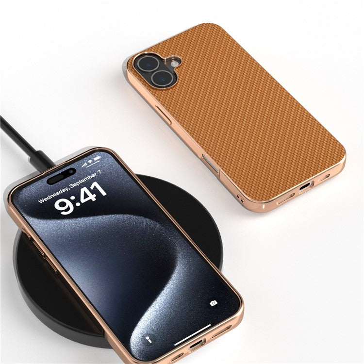 For iPhone 16 Case Electroplating Phone Cover Carbon Fiber Texture PU+TPU Protective Case - Light Brown