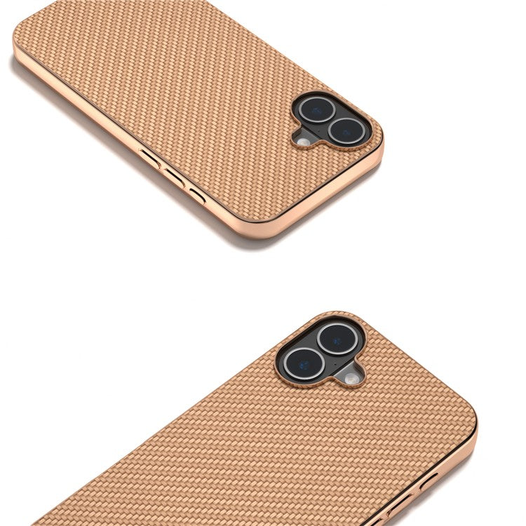 For iPhone 16 Case Electroplating Phone Cover Carbon Fiber Texture PU+TPU Protective Case - Beige