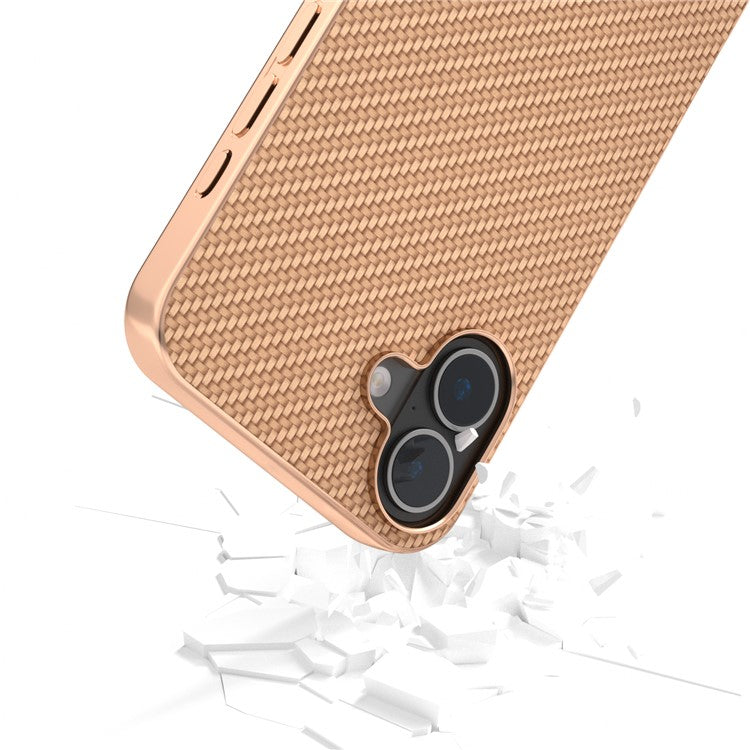 For iPhone 16 Case Electroplating Phone Cover Carbon Fiber Texture PU+TPU Protective Case - Beige