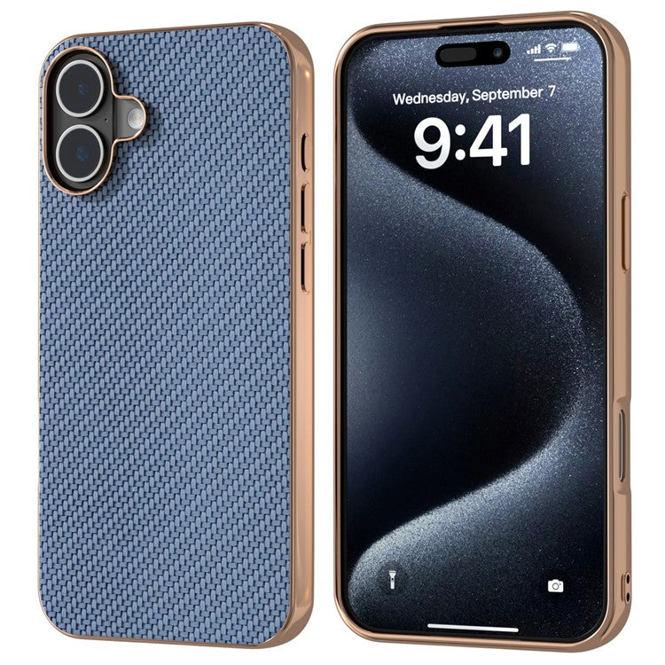 For iPhone 16 Case Electroplating Phone Cover Carbon Fiber Texture PU+TPU Protective Case - Baby Blue