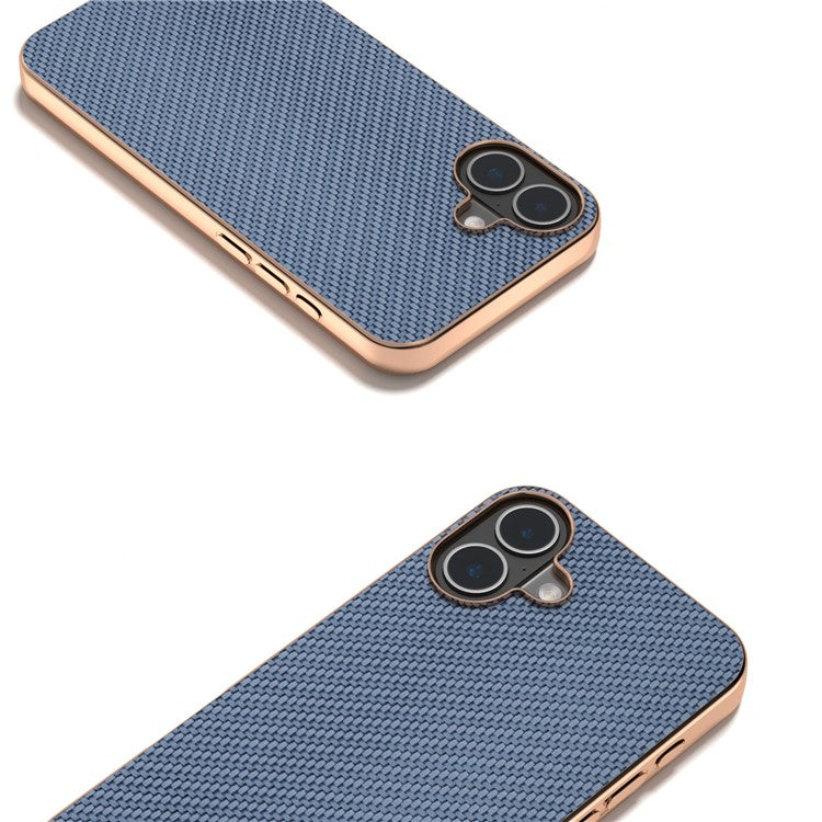 For iPhone 16 Case Electroplating Phone Cover Carbon Fiber Texture PU+TPU Protective Case - Baby Blue