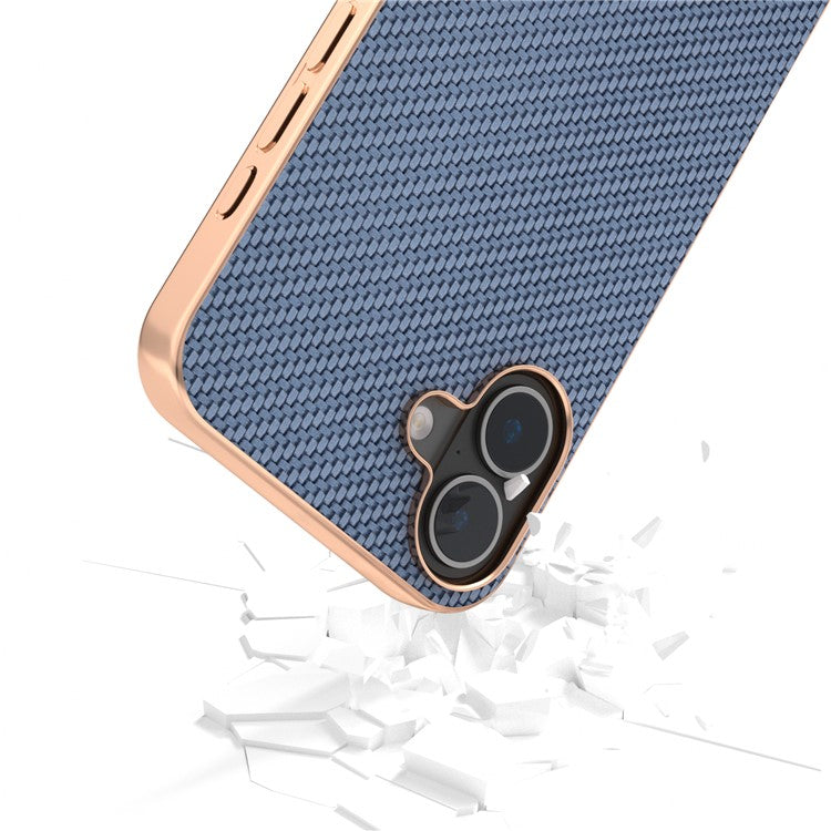 For iPhone 16 Case Electroplating Phone Cover Carbon Fiber Texture PU+TPU Protective Case - Baby Blue
