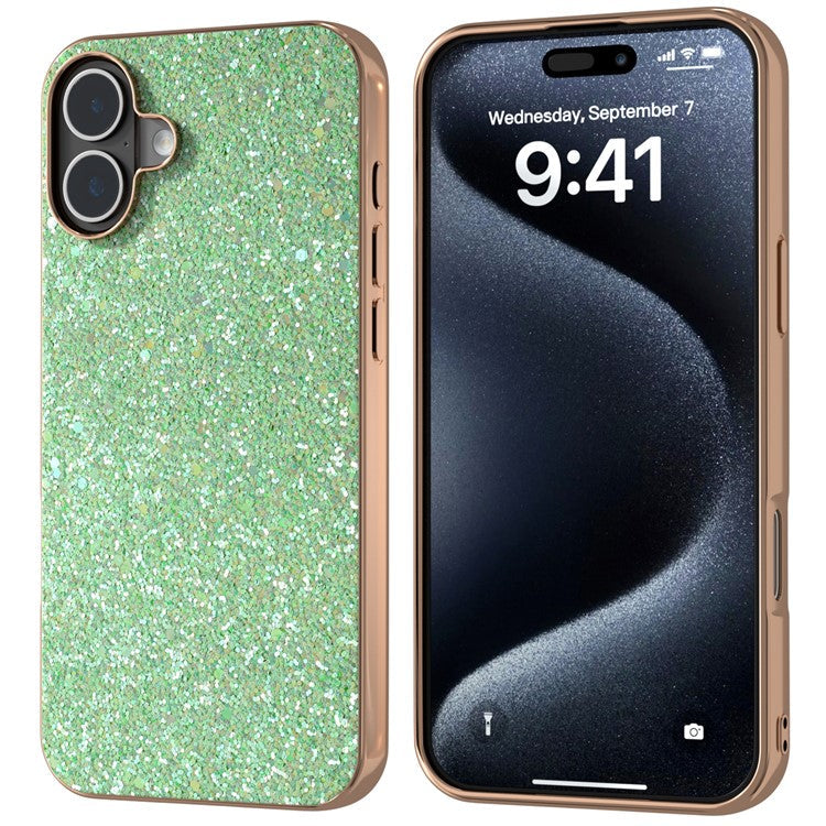 For iPhone 16 Case Electroplating Phone Cover Colored Glitter Design PU+TPU Protective Case - Lawn Green