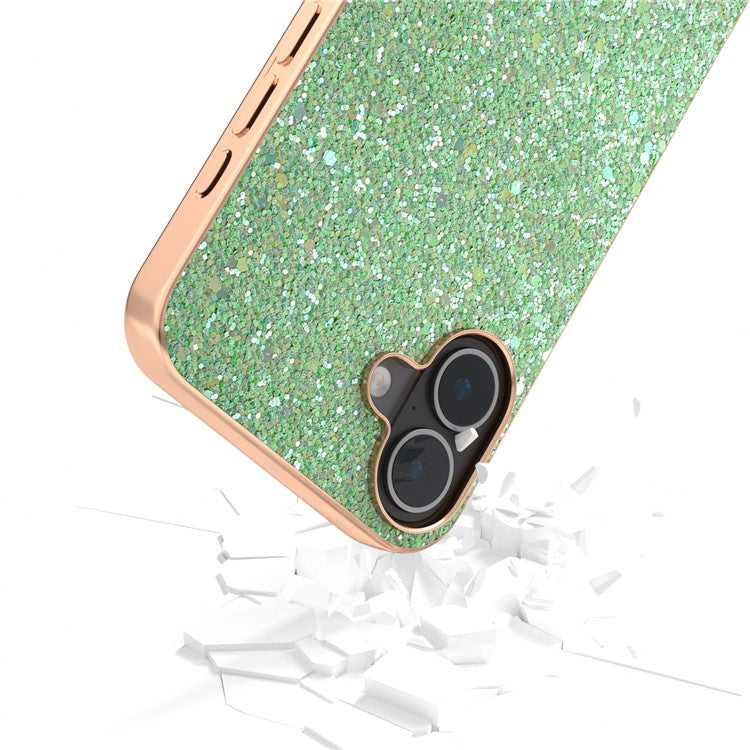 For iPhone 16 Case Electroplating Phone Cover Colored Glitter Design PU+TPU Protective Case - Lawn Green