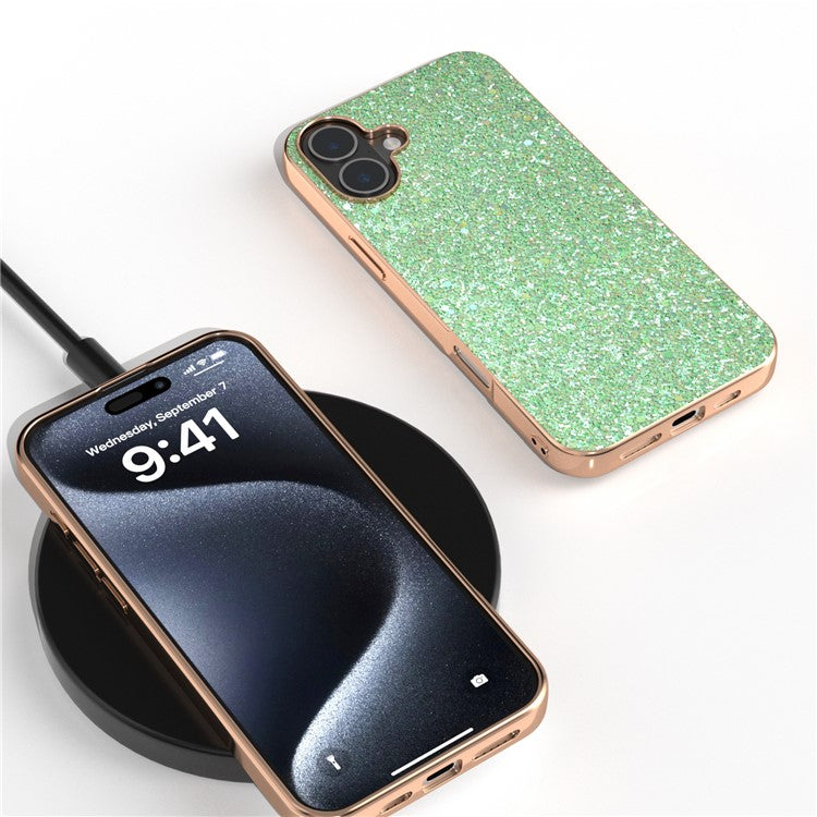 For iPhone 16 Case Electroplating Phone Cover Colored Glitter Design PU+TPU Protective Case - Lawn Green
