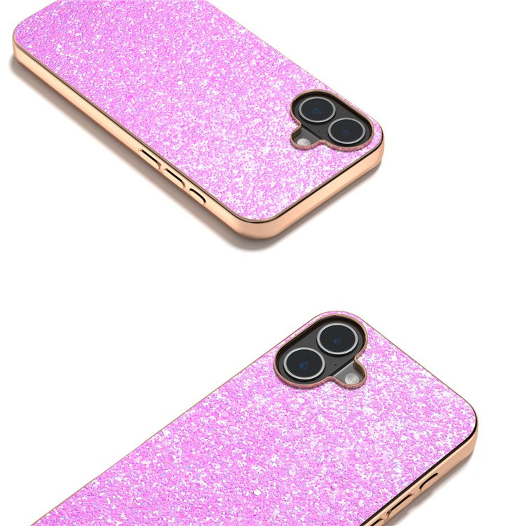 For iPhone 16 Case Electroplating Phone Cover Colored Glitter Design PU+TPU Protective Case - Barbie Pink