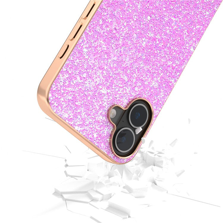 For iPhone 16 Case Electroplating Phone Cover Colored Glitter Design PU+TPU Protective Case - Barbie Pink