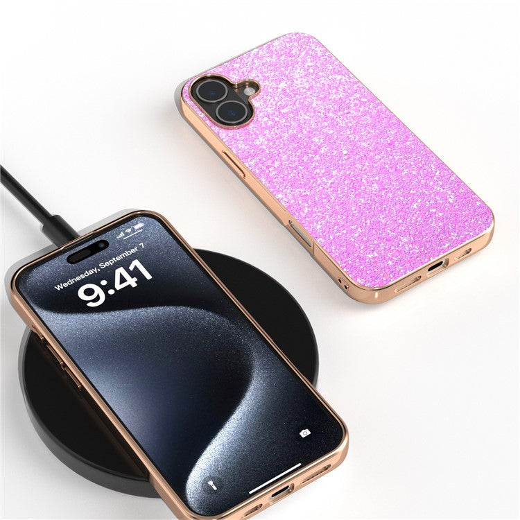 For iPhone 16 Case Electroplating Phone Cover Colored Glitter Design PU+TPU Protective Case - Barbie Pink
