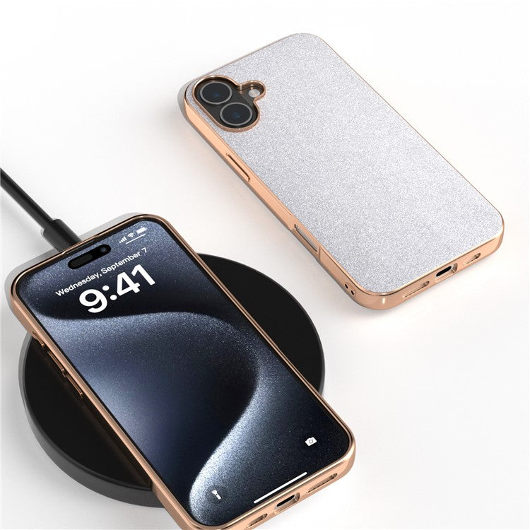 For iPhone 16 Case Electroplating Phone Cover Glitter Surface Design PU+TPU Protective Case - Silver