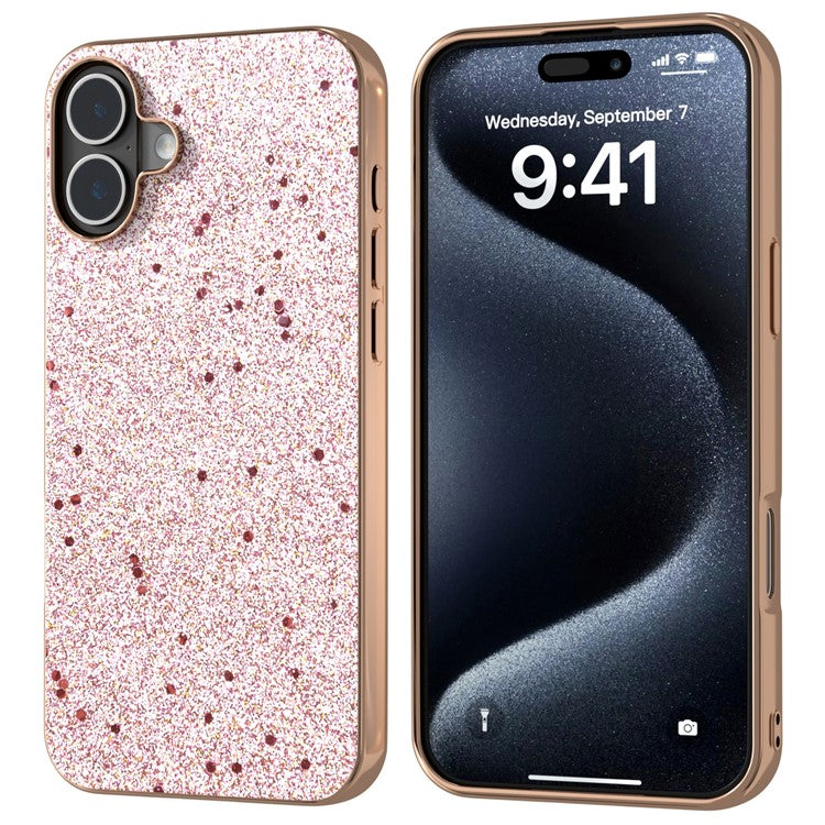 For iPhone 16 Case Electroplating Phone Cover Glitter Surface Design PU+TPU Protective Case - Pink