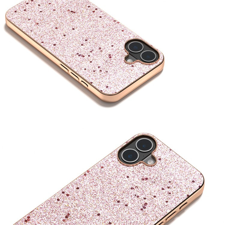For iPhone 16 Case Electroplating Phone Cover Glitter Surface Design PU+TPU Protective Case - Pink