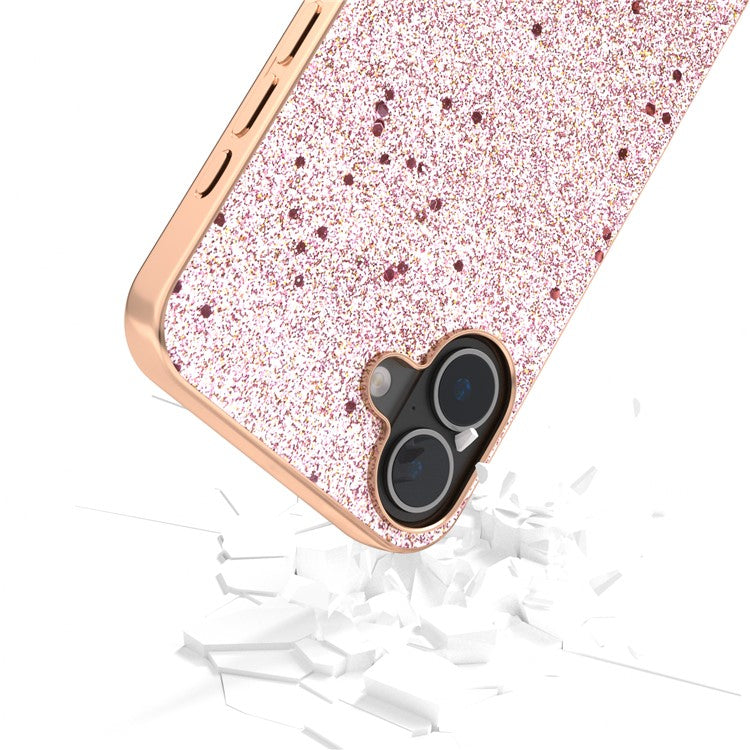 For iPhone 16 Case Electroplating Phone Cover Glitter Surface Design PU+TPU Protective Case - Pink
