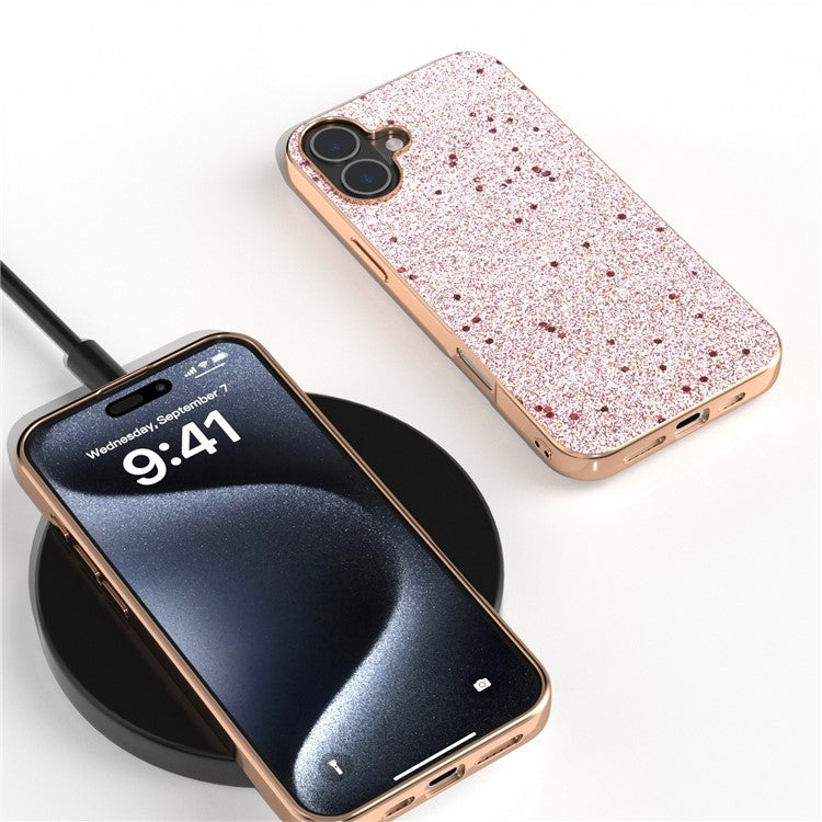 For iPhone 16 Case Electroplating Phone Cover Glitter Surface Design PU+TPU Protective Case - Pink