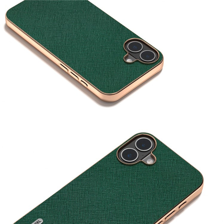 ABEEL For iPhone 16 Case Electroplating Phone Cover Cross Texture Genuine Cow Leather+TPU Protective Case - Green