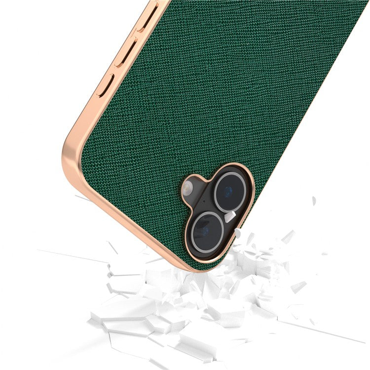 ABEEL For iPhone 16 Case Electroplating Phone Cover Cross Texture Genuine Cow Leather+TPU Protective Case - Green