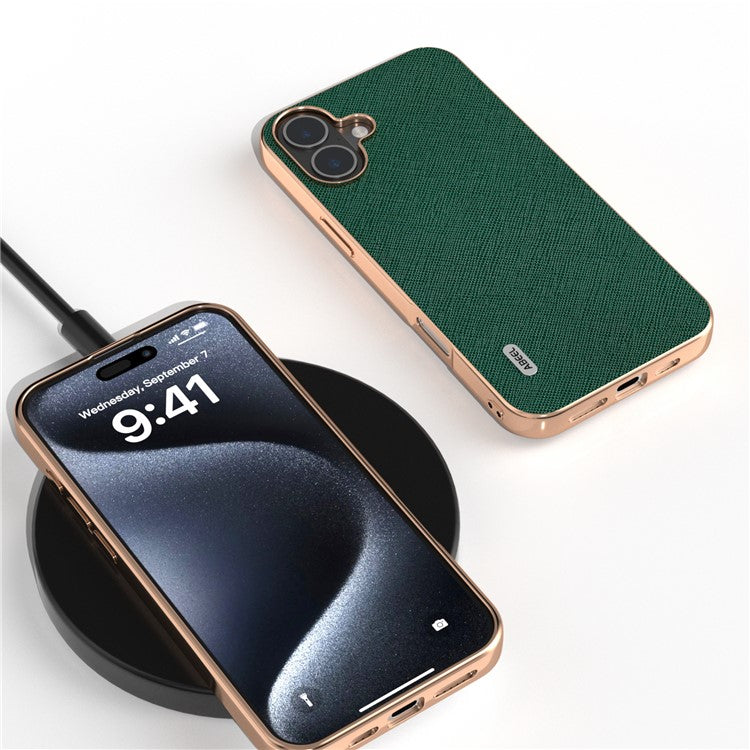 ABEEL For iPhone 16 Case Electroplating Phone Cover Cross Texture Genuine Cow Leather+TPU Protective Case - Green