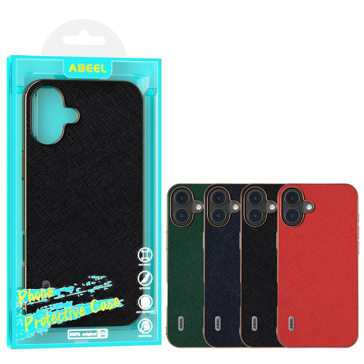 ABEEL For iPhone 16 Case Electroplating Phone Cover Cross Texture Genuine Cow Leather+TPU Protective Case - Green