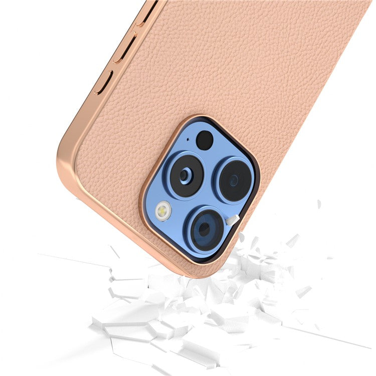 ABEEL For iPhone 16 Pro Case Electroplating Phone Cover Horizon Series Genuine Cow Leather+TPU Protective Case - Pink