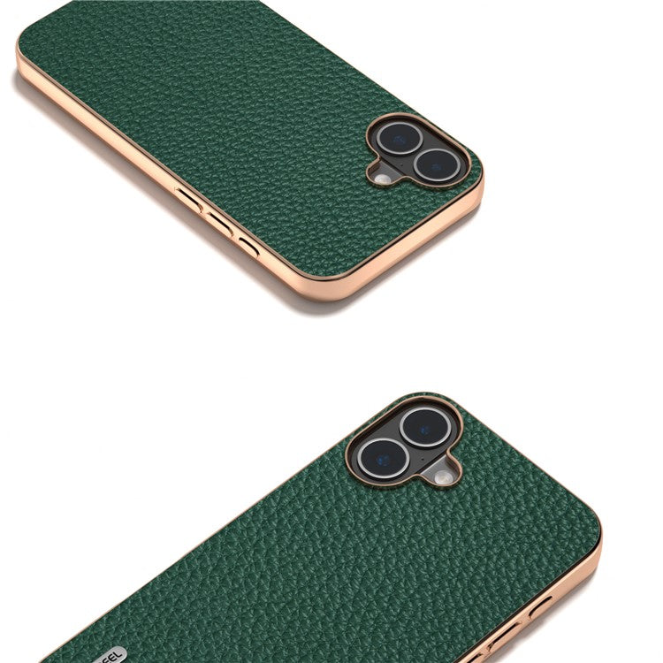ABEEL For iPhone 16 Case Electroplating Phone Cover Star Series Genuine Cow Leather+TPU Protective Case - Green