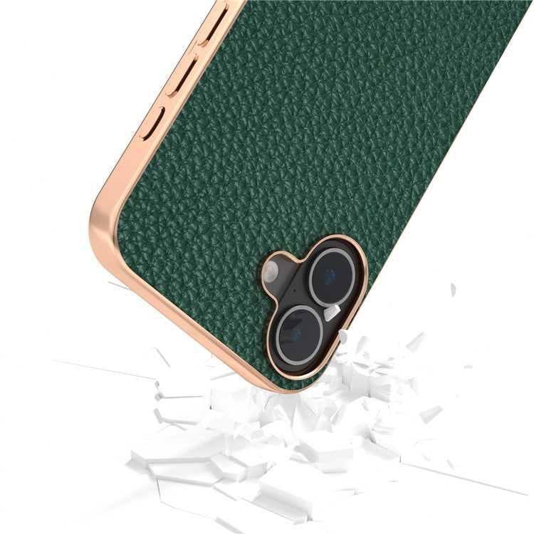 ABEEL For iPhone 16 Case Electroplating Phone Cover Star Series Genuine Cow Leather+TPU Protective Case - Green