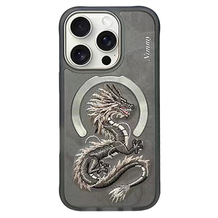 NIMMY For iPhone 16 Pro Magnetic Case Embroidery PU Leather Back Cover - Golden Dragon