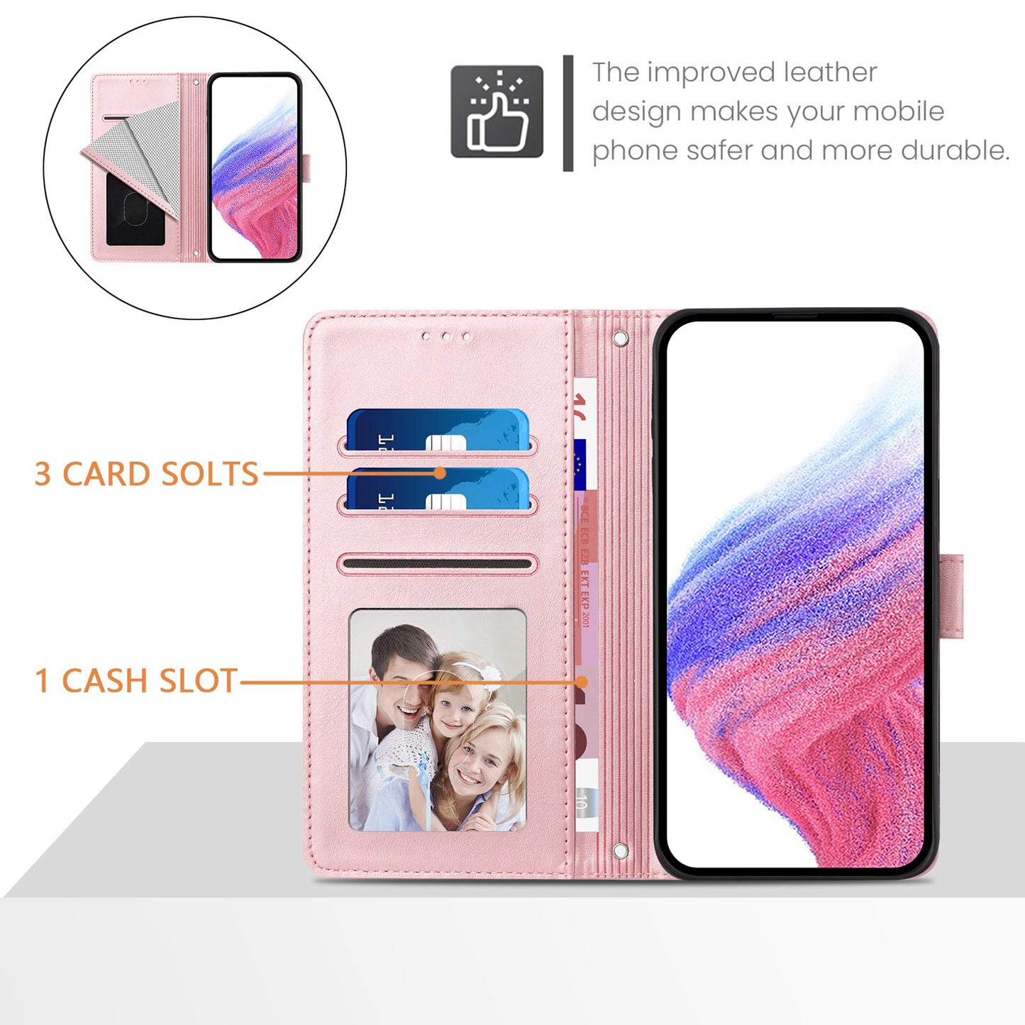 For Samsung Galaxy A16 5G / A16 4G Case RFID Blocking Wallet Leather Phone Cover with Strap - Rose Gold