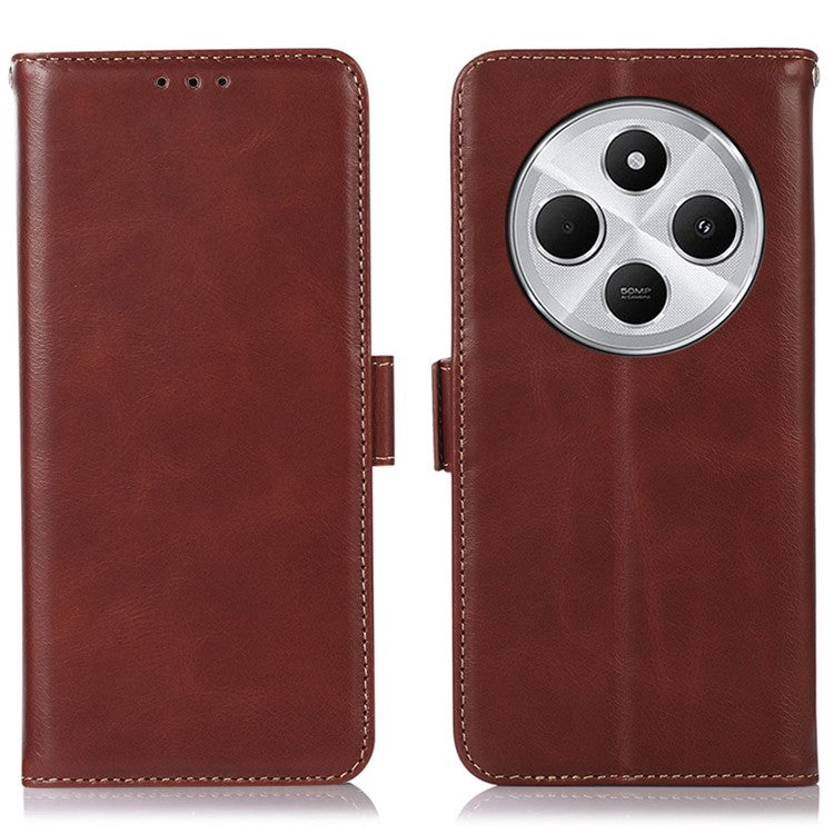 For Xiaomi Poco C75 4G / Redmi 14R 5G / 14C 4G Case RFID Blocking Genuine Cow Leather Wallet Phone Cover - Brown