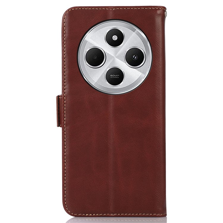For Xiaomi Poco C75 4G / Redmi 14R 5G / 14C 4G Case RFID Blocking Genuine Cow Leather Wallet Phone Cover - Brown