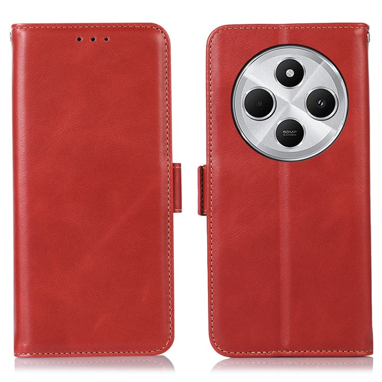 For Xiaomi Poco C75 4G / Redmi 14R 5G / 14C 4G Case RFID Blocking Genuine Cow Leather Wallet Phone Cover - Red