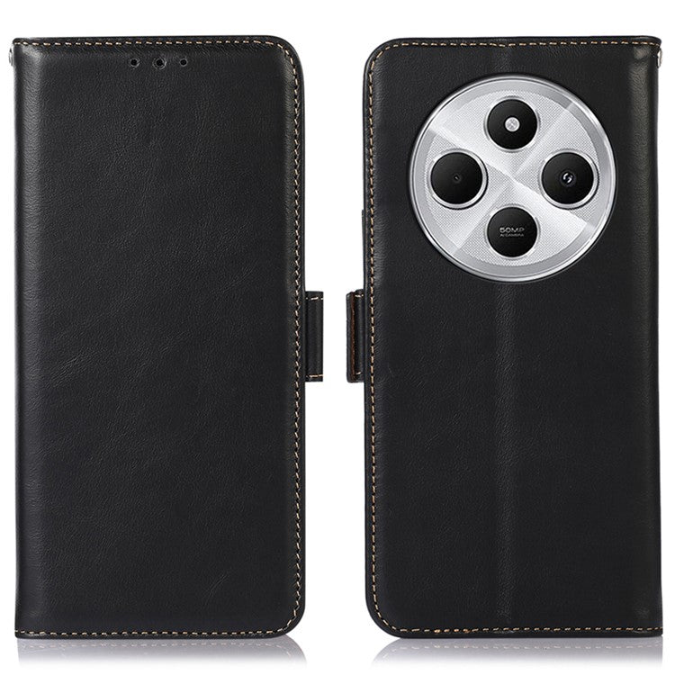 For Xiaomi Poco C75 4G / Redmi 14R 5G / 14C 4G Case RFID Blocking Genuine Cow Leather Wallet Phone Cover - Black