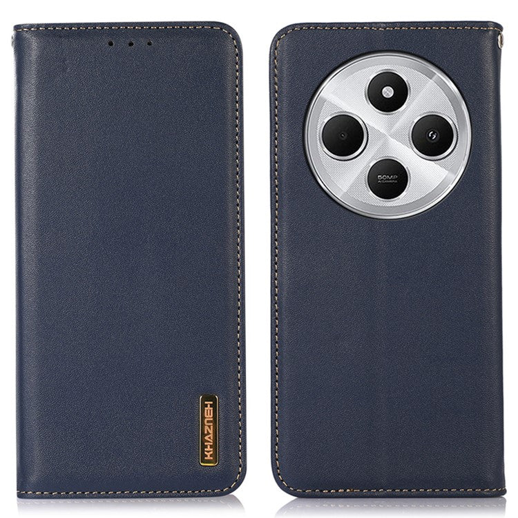 KHAZNEH For Xiaomi Poco C75 4G / Redmi 14R 5G / 14C 4G Case Genuine Cow Leather Wallet Phone Cover Nappa Texture - Blue