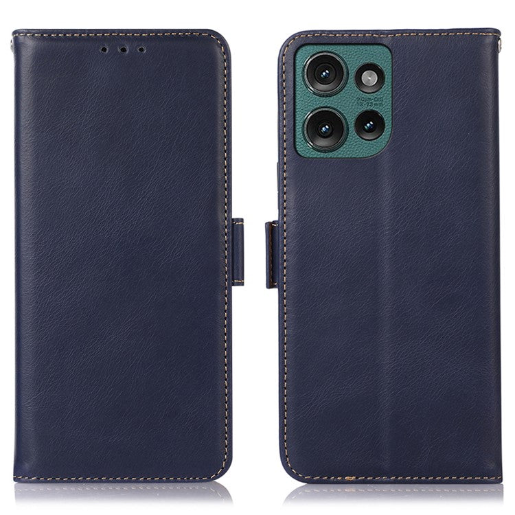 For Motorola Edge 50 Neo 5G / Moto S50 5G / Thinkphone 25 5G Case RFID Blocking Genuine Cow Leather Wallet Phone Cover - Blue