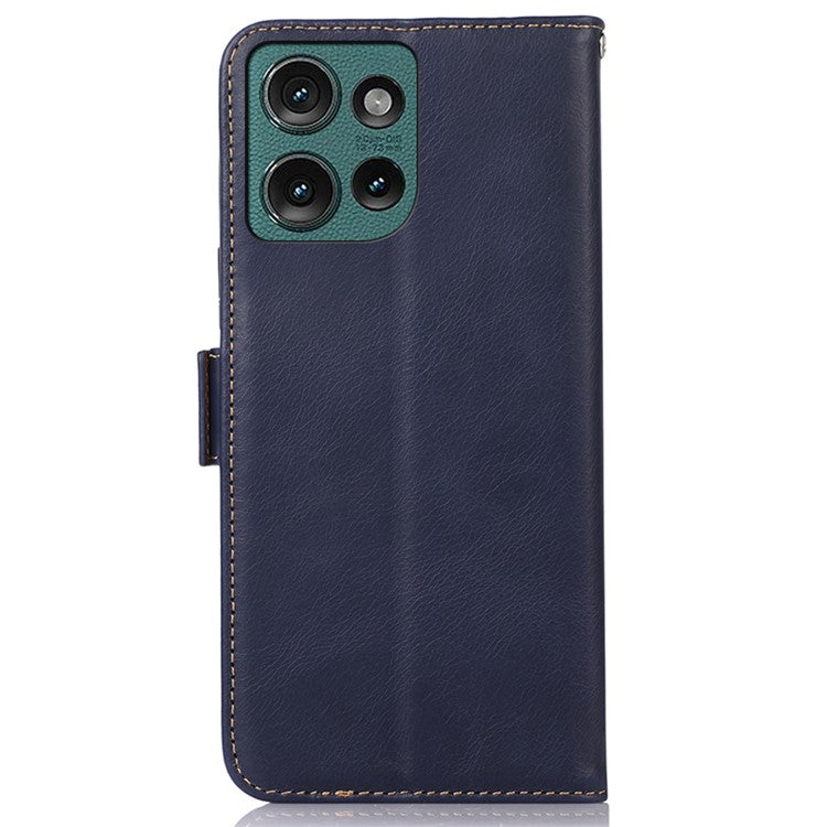 For Motorola Edge 50 Neo 5G / Moto S50 5G / Thinkphone 25 5G Case RFID Blocking Genuine Cow Leather Wallet Phone Cover - Blue