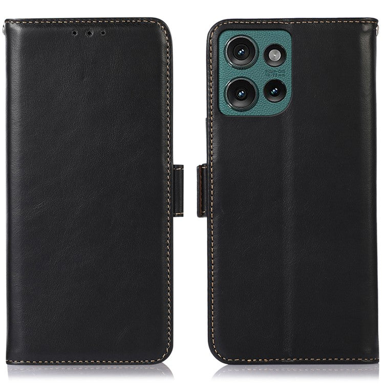 For Motorola Edge 50 Neo 5G / Moto S50 5G / Thinkphone 25 5G Case RFID Blocking Genuine Cow Leather Wallet Phone Cover - Black