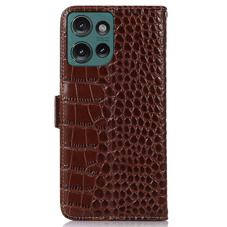 For Motorola Edge 50 Neo 5G / Moto S50 5G / Thinkphone 25 5G Case Crocodile Texture Genuine Cow Leather Phone Wallet Cover - Brown