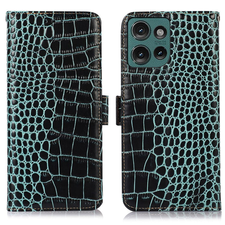 For Motorola Edge 50 Neo 5G / Moto S50 5G / Thinkphone 25 5G Case Crocodile Texture Genuine Cow Leather Phone Wallet Cover - Green