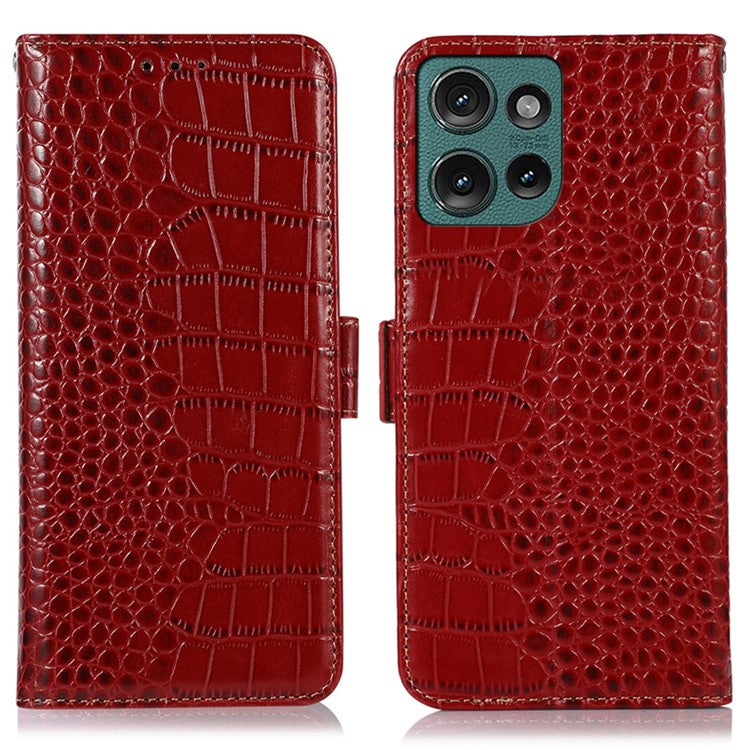 For Motorola Edge 50 Neo 5G / Moto S50 5G / Thinkphone 25 5G Case Crocodile Texture Genuine Cow Leather Phone Wallet Cover - Red