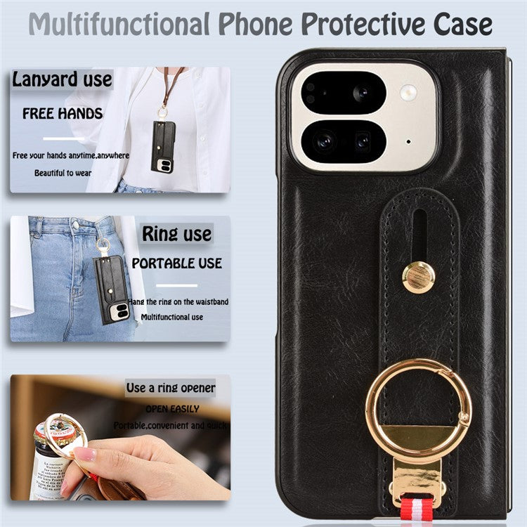 For Google Pixel 9 Pro Fold 5G Case Leather+PC+TPU Wristband Cover with Bottle Opener Ring - Black