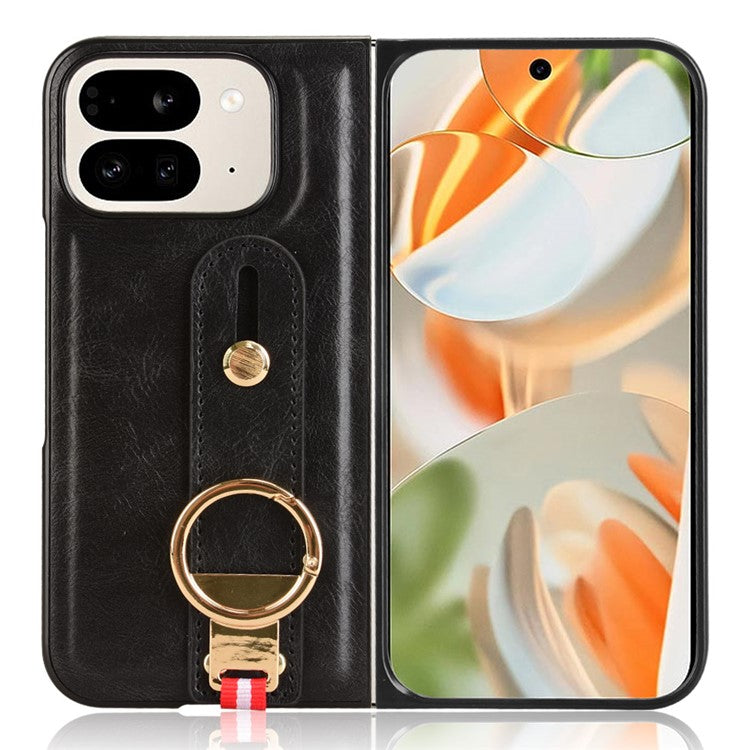 For Google Pixel 9 Pro Fold 5G Case Leather+PC+TPU Wristband Cover with Bottle Opener Ring - Black