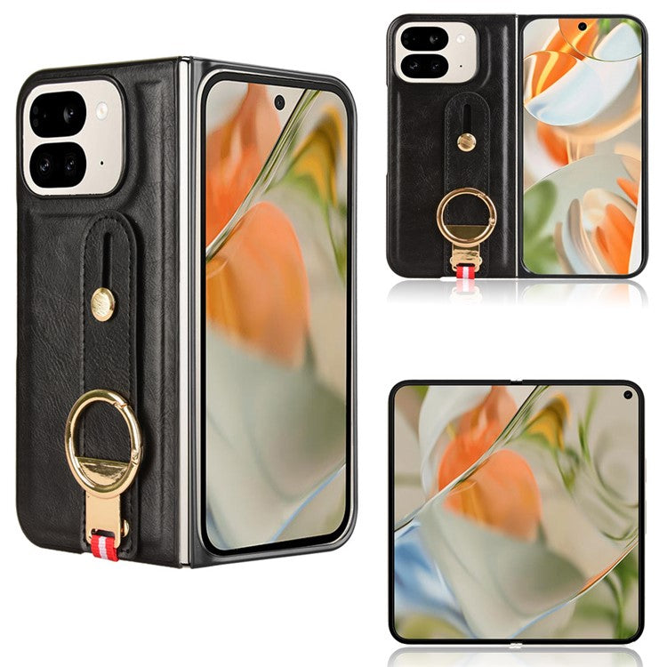 For Google Pixel 9 Pro Fold 5G Case Leather+PC+TPU Wristband Cover with Bottle Opener Ring - Black