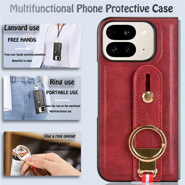 For Google Pixel 9 Pro Fold 5G Case Leather+PC+TPU Wristband Cover with Bottle Opener Ring - Red