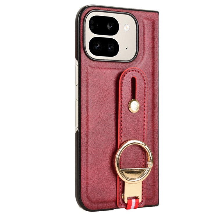 For Google Pixel 9 Pro Fold 5G Case Leather+PC+TPU Wristband Cover with Bottle Opener Ring - Red