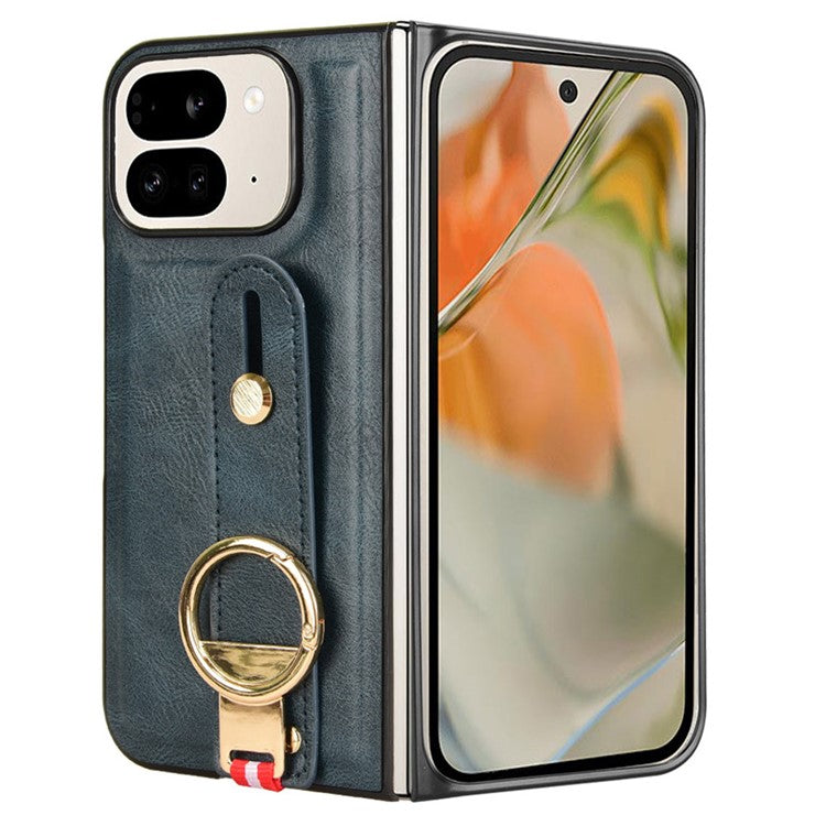 For Google Pixel 9 Pro Fold 5G Case Leather+PC+TPU Wristband Cover with Bottle Opener Ring - Blue