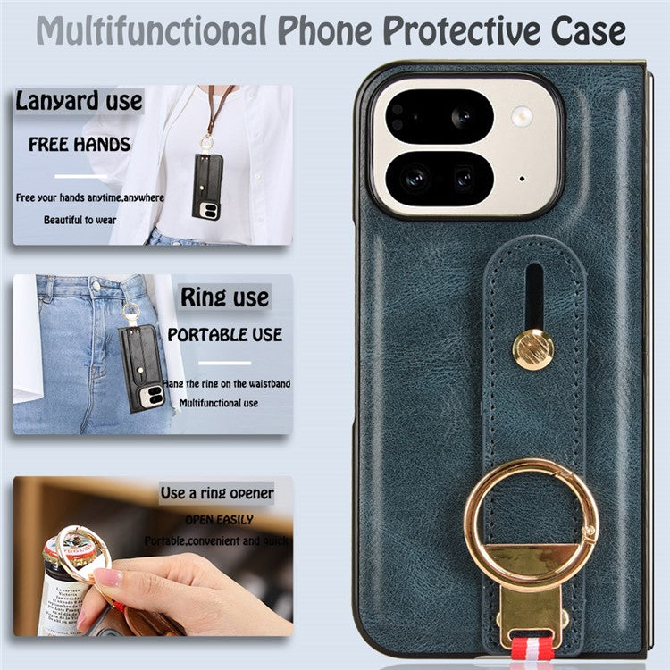 For Google Pixel 9 Pro Fold 5G Case Leather+PC+TPU Wristband Cover with Bottle Opener Ring - Blue