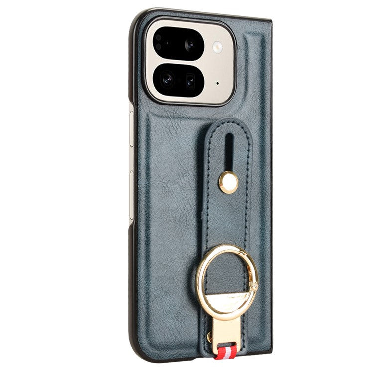 For Google Pixel 9 Pro Fold 5G Case Leather+PC+TPU Wristband Cover with Bottle Opener Ring - Blue