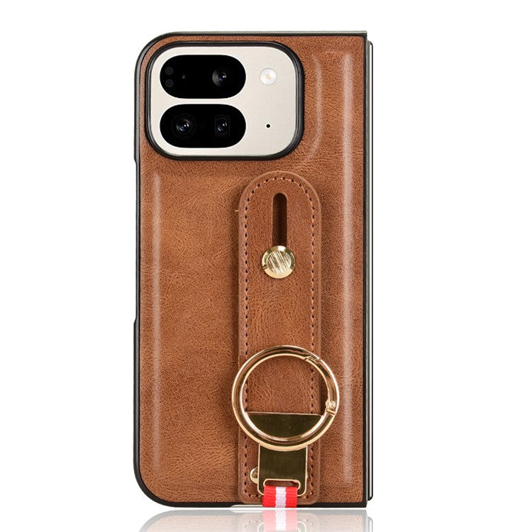 For Google Pixel 9 Pro Fold 5G Case Leather+PC+TPU Wristband Cover with Bottle Opener Ring - Brown