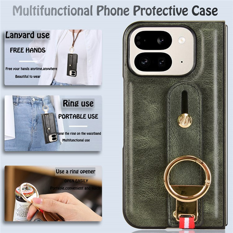 For Google Pixel 9 Pro Fold 5G Case Leather+PC+TPU Wristband Cover with Bottle Opener Ring - Green