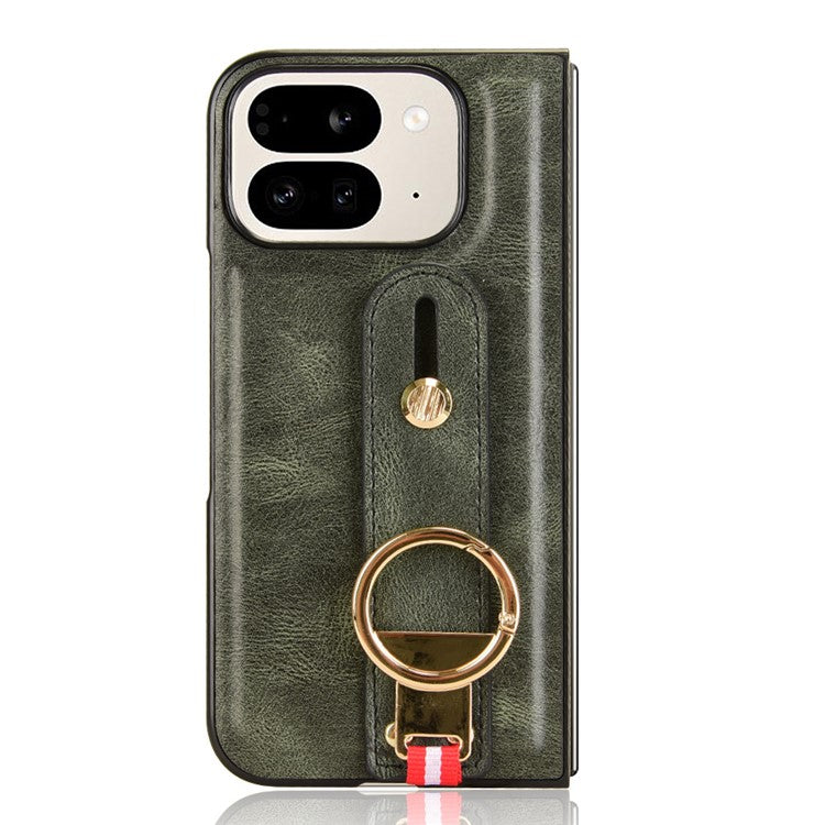 For Google Pixel 9 Pro Fold 5G Case Leather+PC+TPU Wristband Cover with Bottle Opener Ring - Green